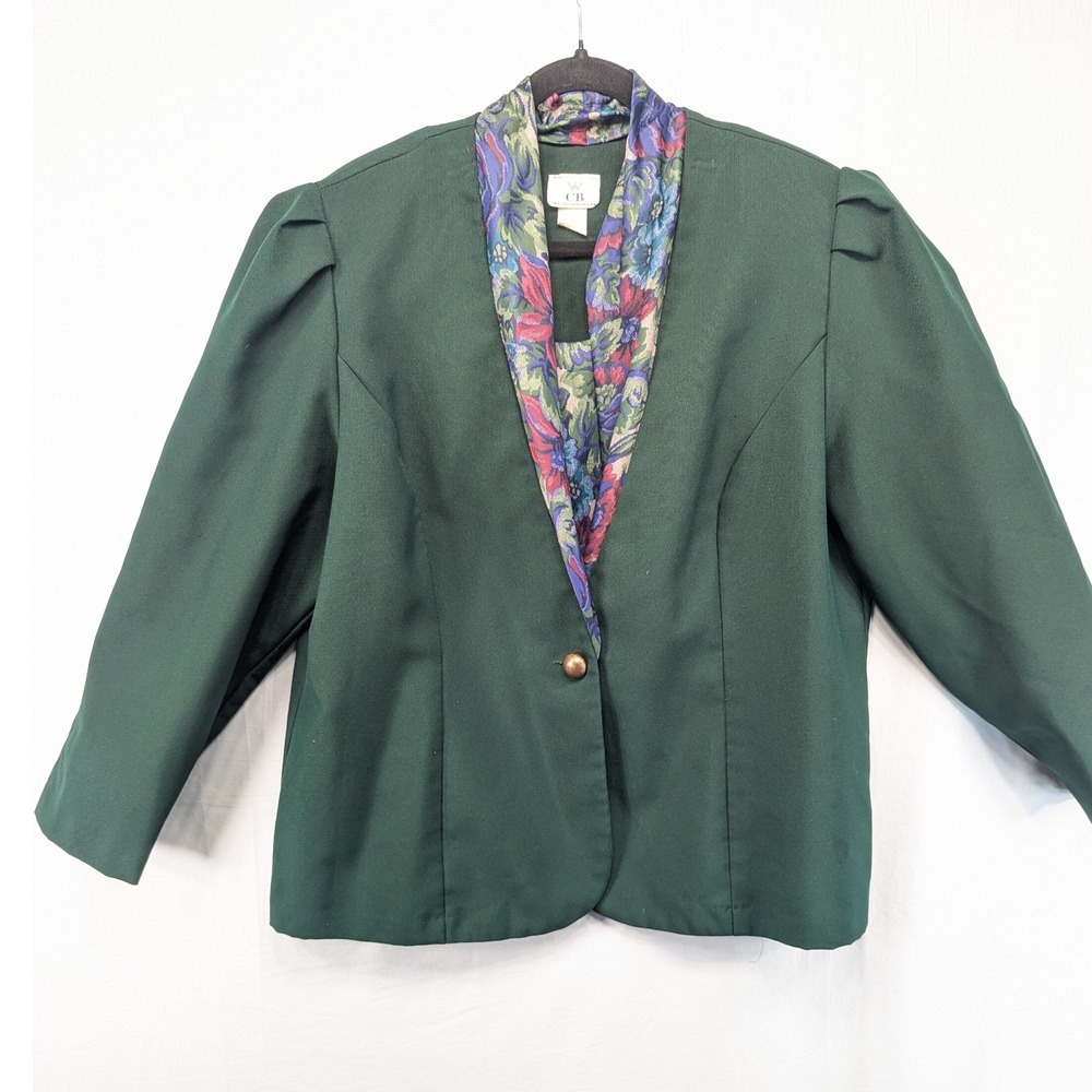CB New York Women's Green Blazer with Floral Scarf Collar Single‎ Button